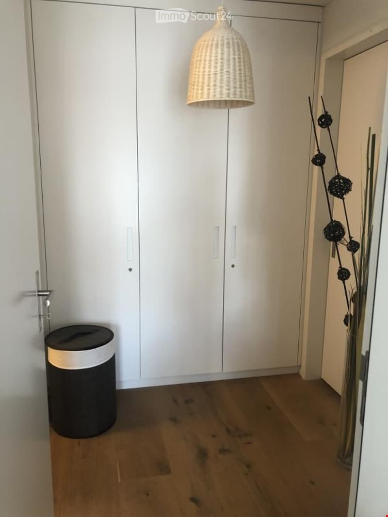 Unfurnished Room. Empty room with light wooden flooring, white built-in wardrobes, a modern pendant light fixture, and a decorative plant in the corner.