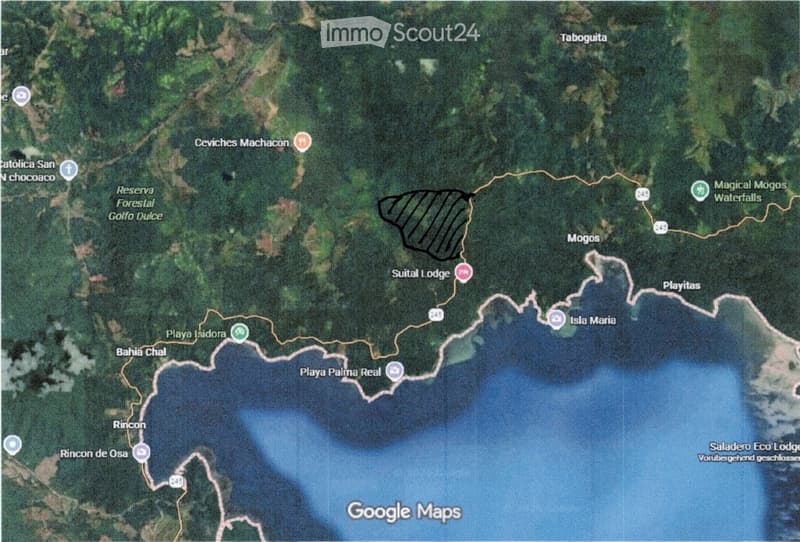 Building. Satellite map showing a coastal area with various labeled locations, including Suital Lodge, Playa Palma Real, and Magical Mogos Waterfalls.