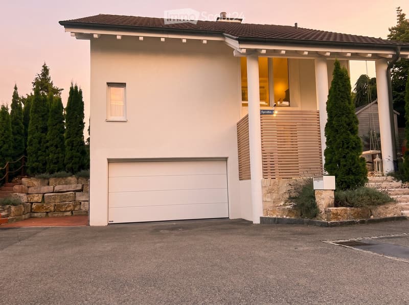 House. Modern two-story house with white exterior, garage, large windows, and landscaped garden with coniferous trees.