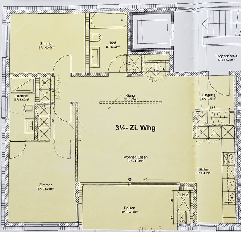 Floor Plan. Floor plan of a 3.5-room apartment with labeled rooms including living/dining area, kitchen, bedroom, bathroom, hallway, entrance, staircase, and balcony.