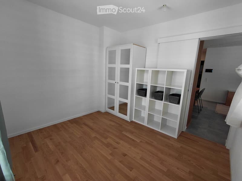 Unfurnished Room. Empty room with wooden flooring, white walls, and white shelving units. No furniture or personal items are present.