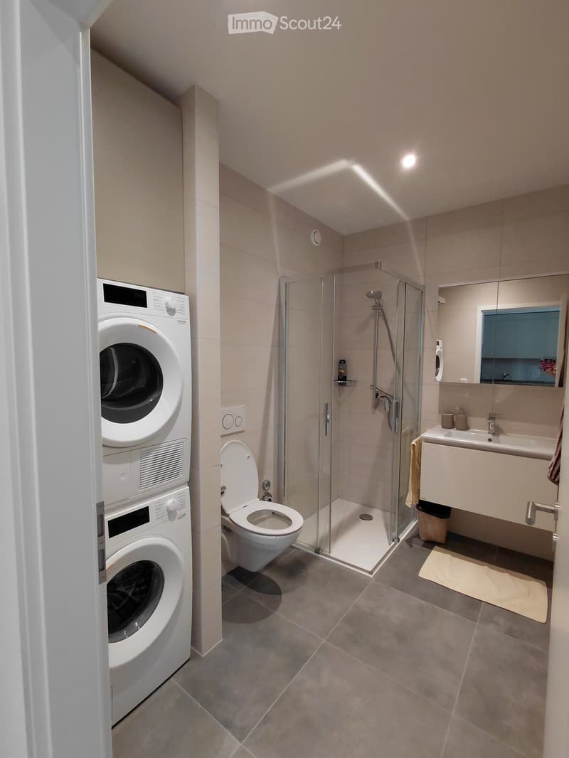 Bathroom. Modern bathroom with a toilet, sink, mirror, glass-enclosed shower, and a stacked washer/dryer unit.