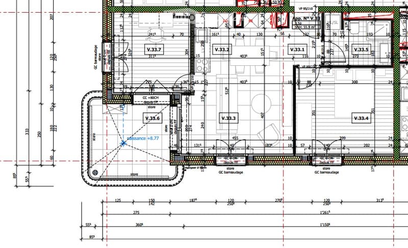 Floor Plan. Floor plan of a commercial building showing multiple rooms, including a store, office spaces, and a GC barabage area. Dimensions and room labels are indicated.
