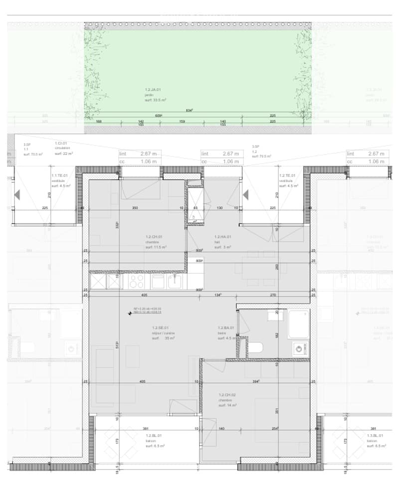 Floor Plan. Floor plan of a residential building showing multiple rooms including living spaces, bedrooms, bathrooms, and a kitchen. Dimensions and room labels are indicated.