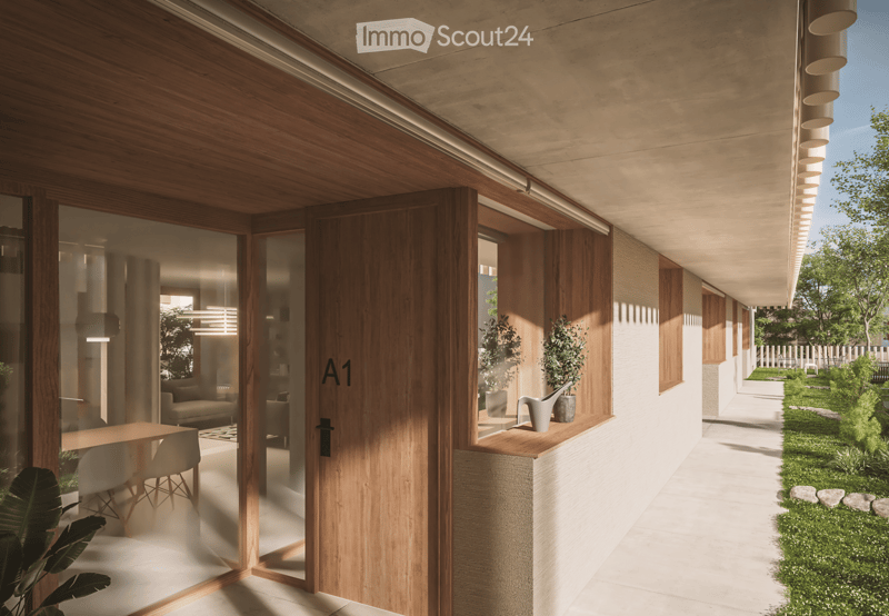 Building. Modern building entrance with wooden door labeled A1, glass walls, indoor furniture visible, outdoor pathway, greenery, and potted plants.