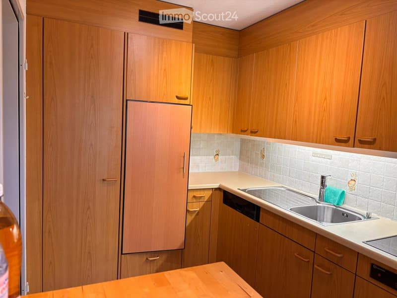 Kitchen. Compact kitchen with light wooden cabinets, a sink, a dishwasher, and a countertop.