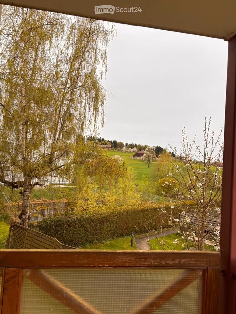 Balcony / Terrace. Balcony overlooking a green landscape with trees, a wooden fence, and a pathway leading to a distant house.