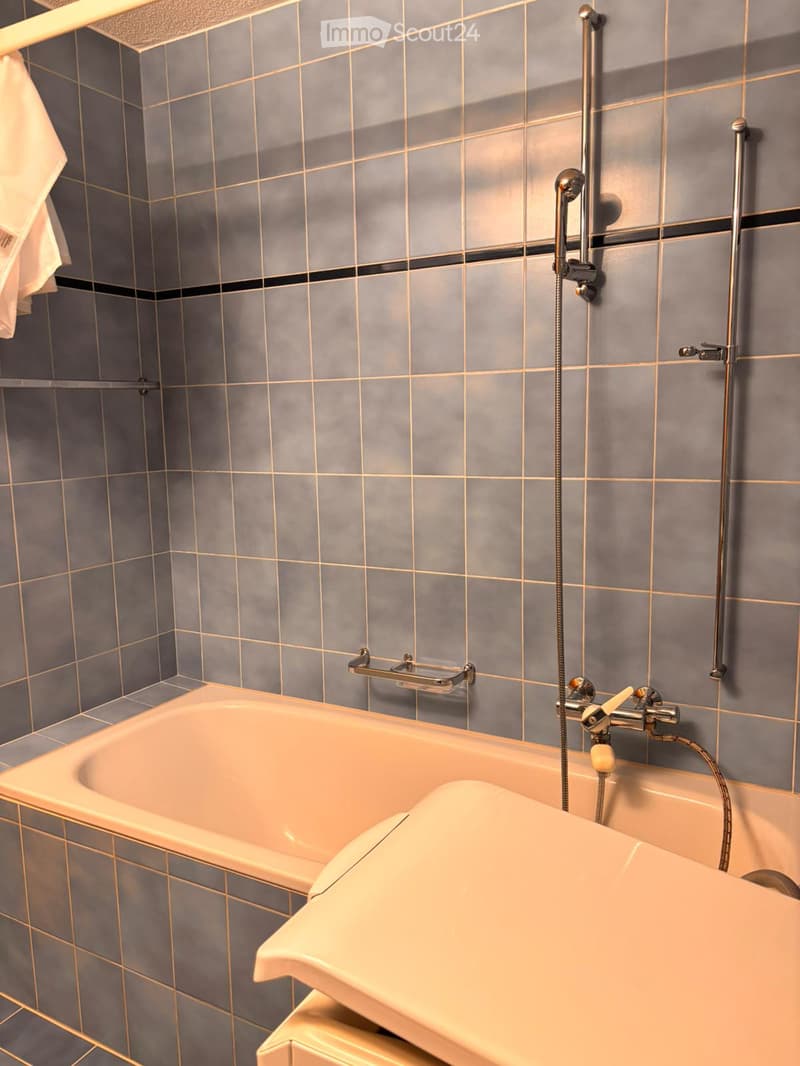 Bathroom. Bathtub with a modern faucet and handheld showerhead, accompanied by a handrail for safety, all set against grey tiled walls.