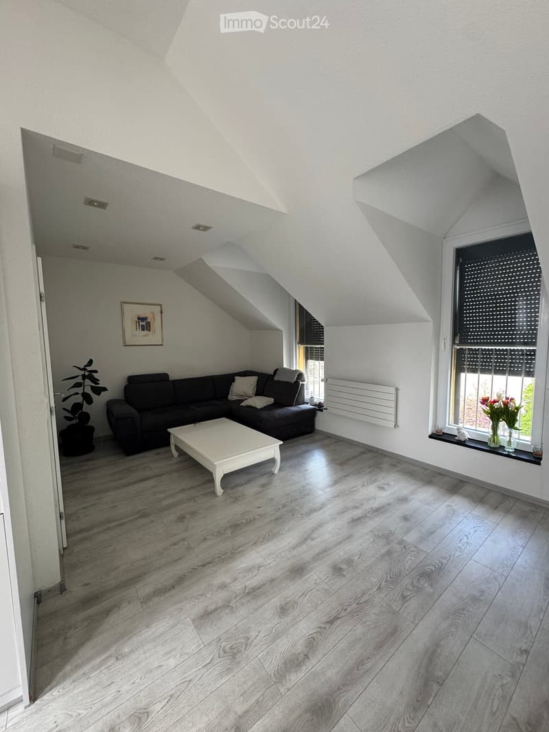 Living Room. Modern living room with wooden flooring, a black sectional sofa, a white coffee table, a potted plant, and a picture frame on the wall. Large windows with blinds and a radiator are visible.