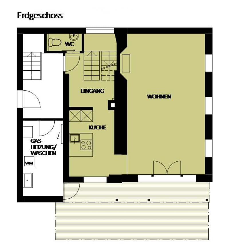 Ground floor floor plan showing entrance, living area, kitchen, WC, and utility area with gas heating/washing.