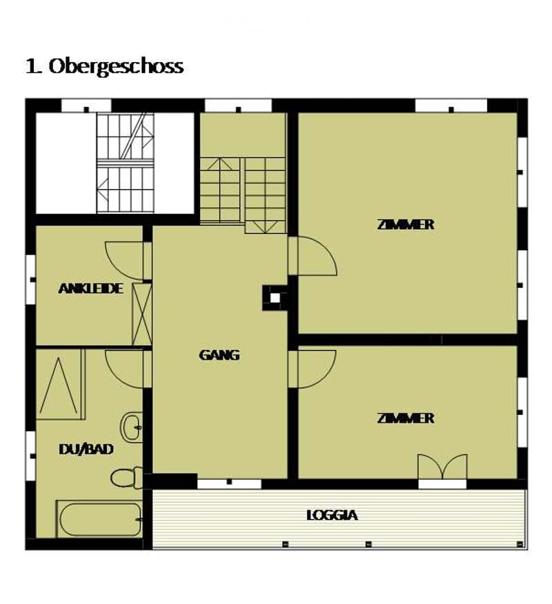 Floor plan of the upper floor showing a hallway, two bedrooms, a bathroom, and a loggia.