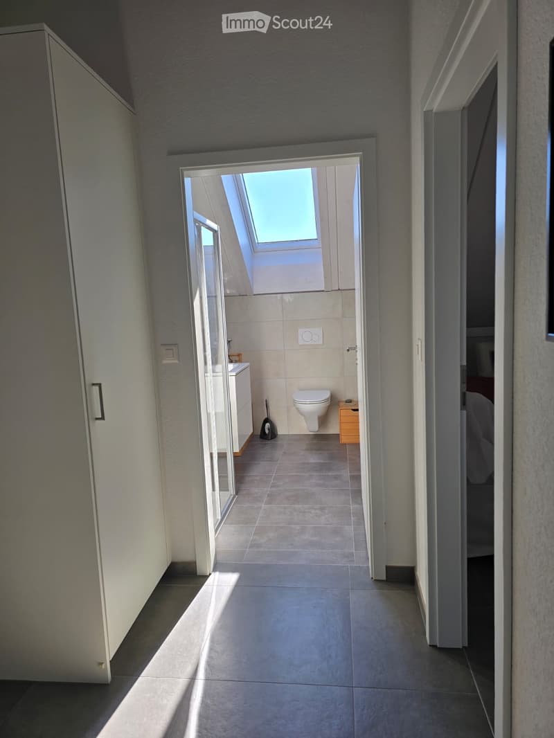 Corridor / Hallway. A modern hallway with tiled floors, white walls, and a skylight at the end leading to a small bathroom with a toilet, sink, and small wooden cabinet.