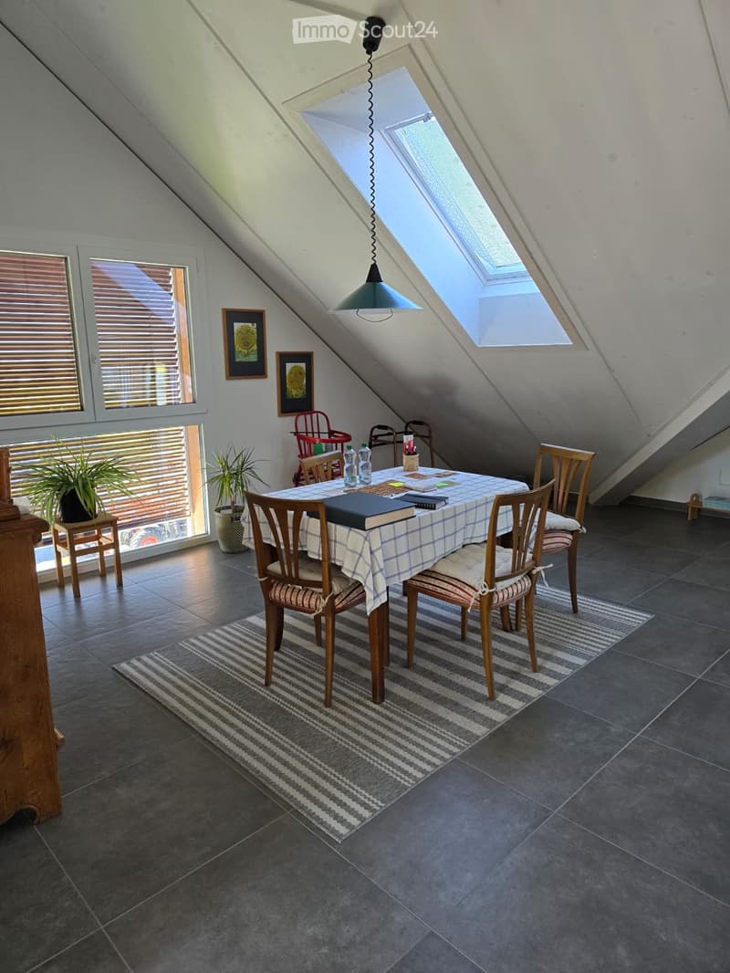 Furnished Room. Attic dining room with slanted ceilings, skylights, and large windows. Features a dining table with chairs, potted plants, and artwork on the walls.