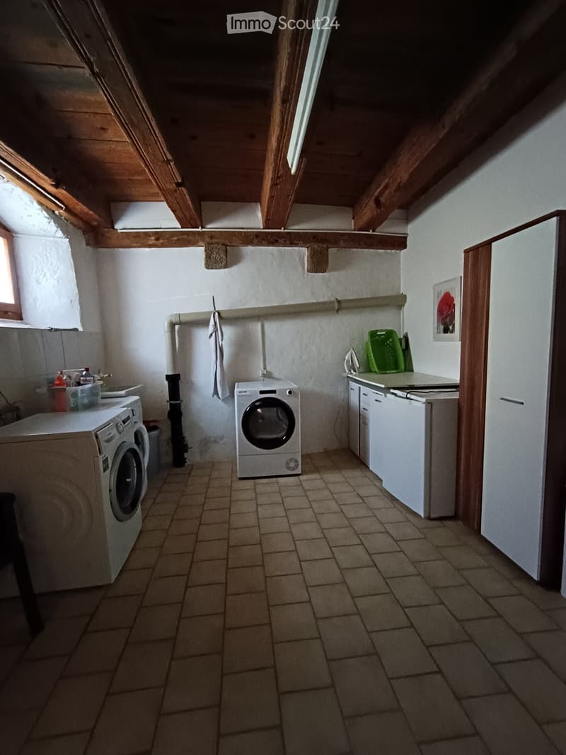 Bathroom. A small, well-lit laundry room with tiled flooring, wooden ceiling beams, and white walls. Contains a washing machine, dishwasher, ironing board, and various small items.