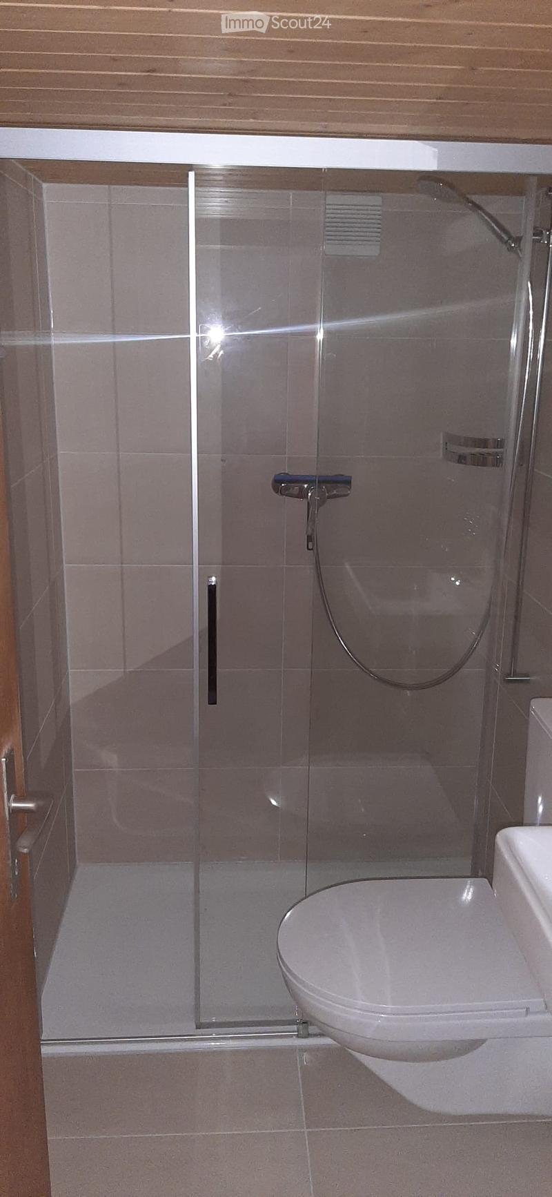 Bathroom. Modern bathroom with a glass shower enclosure, a toilet, and tiled walls and floor.