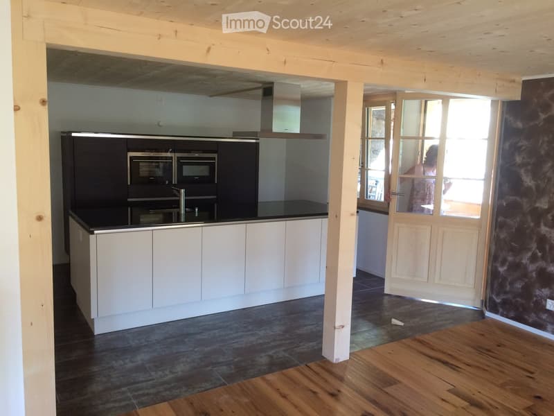 Kitchen. Modern kitchen with white cabinets, black countertops, stainless steel appliances, and a wooden floor area visible.