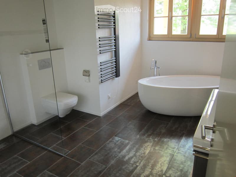 Bathroom. Modern bathroom with a large freestanding bathtub, toilet, glass shower enclosure, and a heated towel radiator.