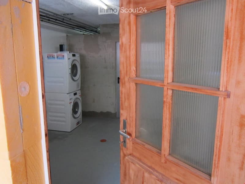 Furnished Room. A small, unfinished room with a washing machine and dryer stacked together, visible through an open wooden door.