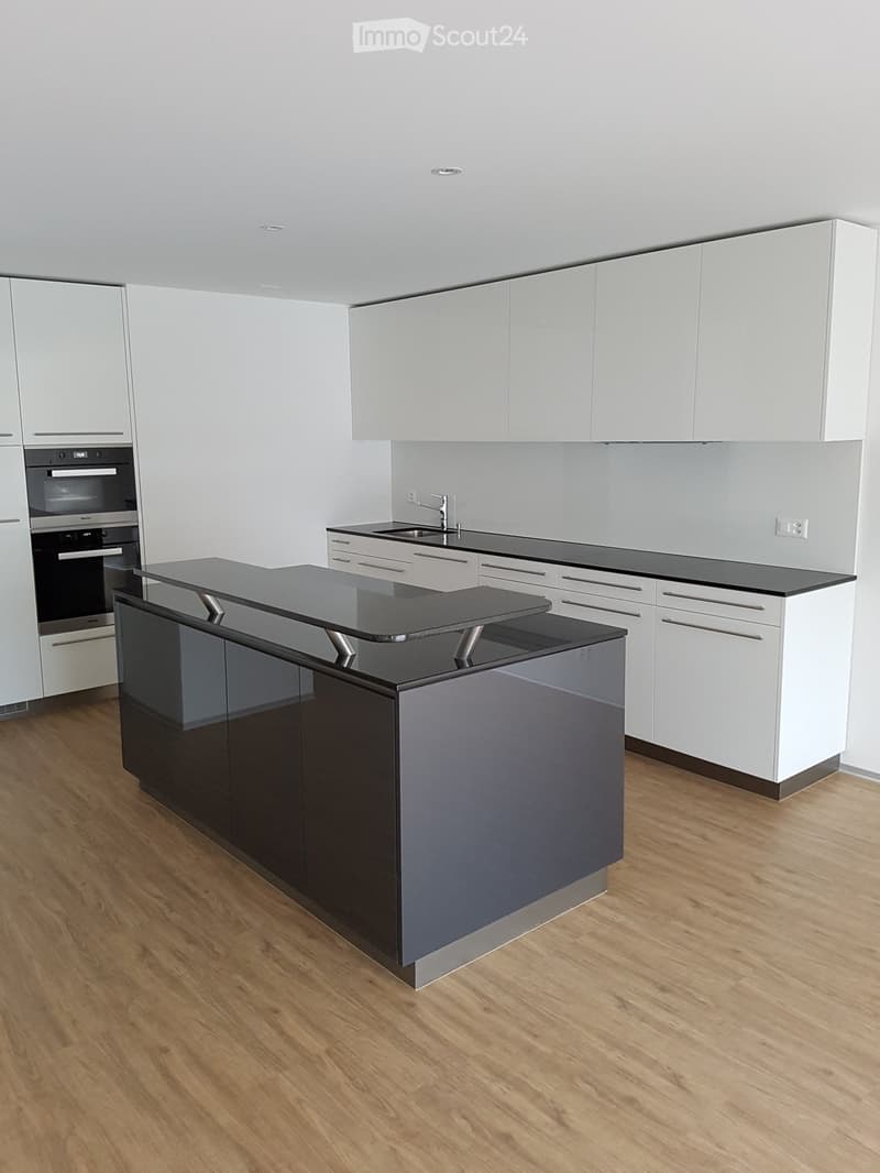 Kitchen. Modern kitchen with white cabinets, black countertops, and a central island with a glass top.