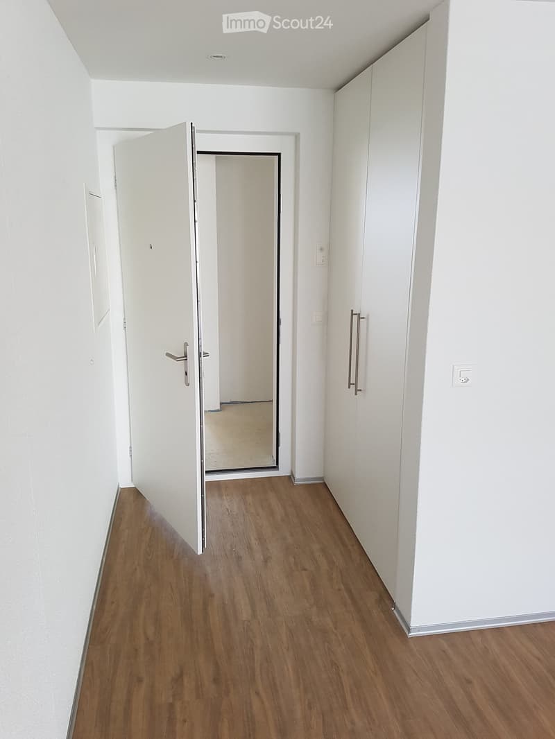 Corridor / Hallway. Empty hallway with wooden floor, white walls, and a white door leading to another room.