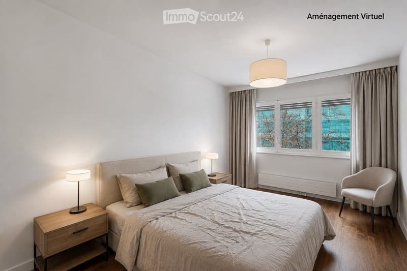 Bedroom. Modern bedroom with a large bed, nightstands, lamps, a chair, and curtains on the windows.