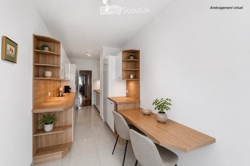 Furnished Room. Modern kitchen with wooden shelves, potted plants, a dining table with chairs, and a refrigerator.