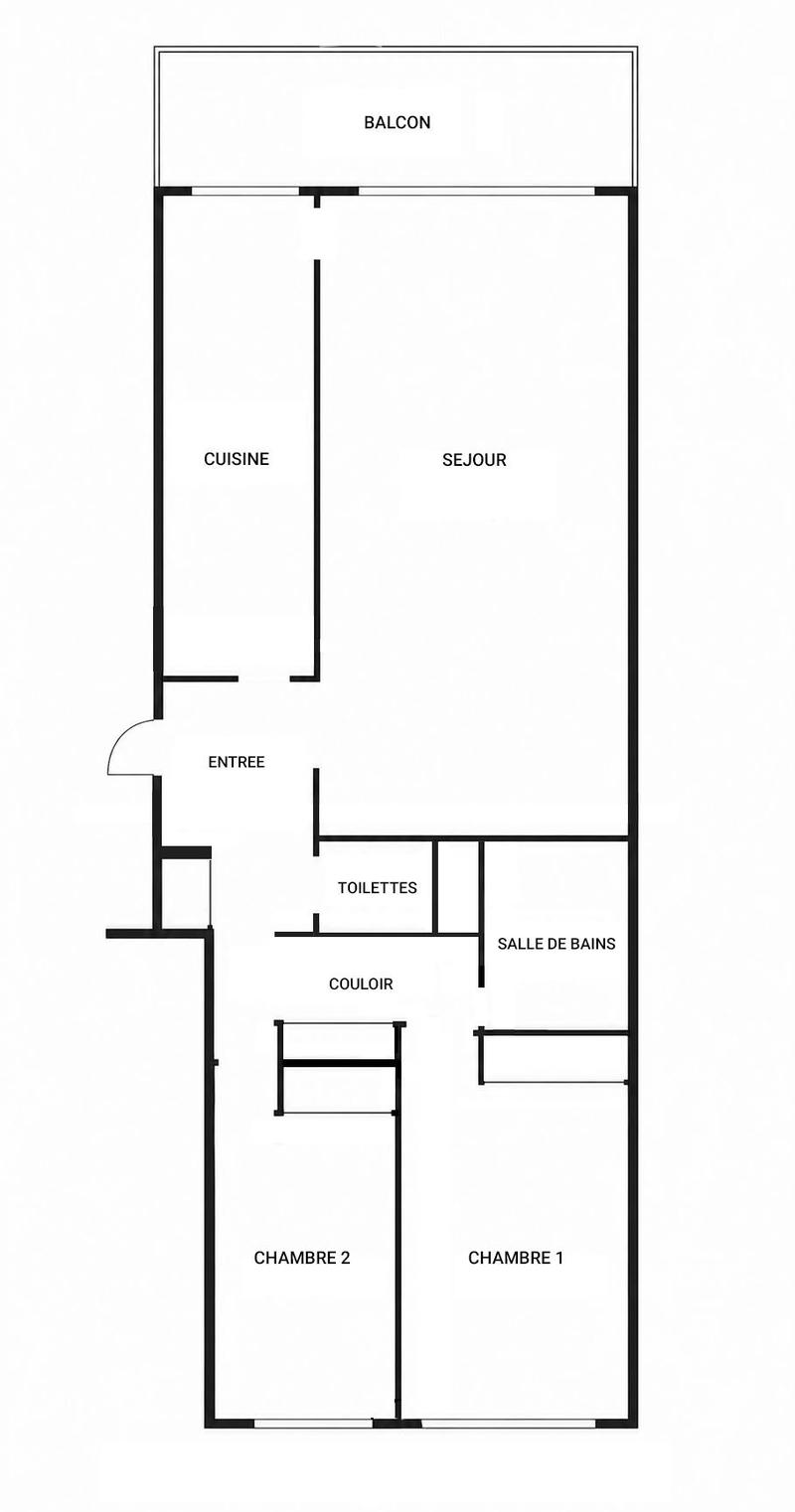 Floor Plan. Floor plan of an apartment with a balcony, living room, kitchen, two bedrooms, bathroom, and toilet.