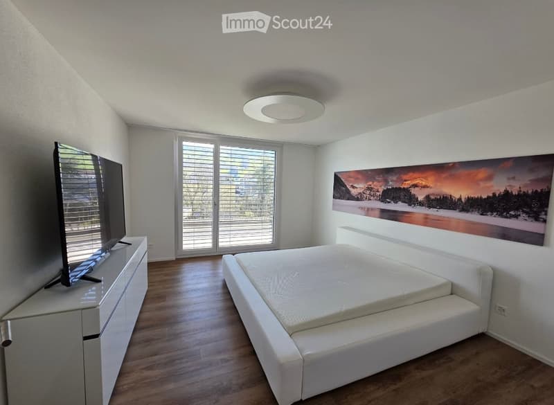 Bedroom. Modern bedroom with a large bed, white dresser, flat-screen TV, and scenic wall art.