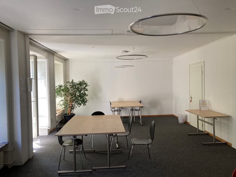 Bright, modern room with several tables and chairs arranged for meetings, a potted plant near the window, and large pendant lights hanging from the ceiling.