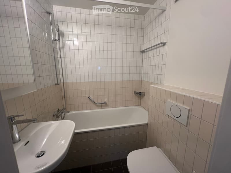 Modern bathroom with a bathtub, sink, toilet, and showerhead. Features tiled walls and a built-in shelf above the bathtub.