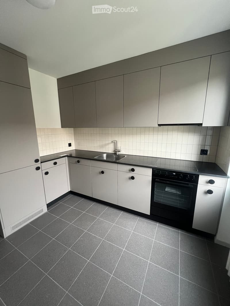 Modern kitchen with grey cabinets, black countertop, stainless steel sink, and built-in oven. Grey tiled floor and white tiled backsplash.