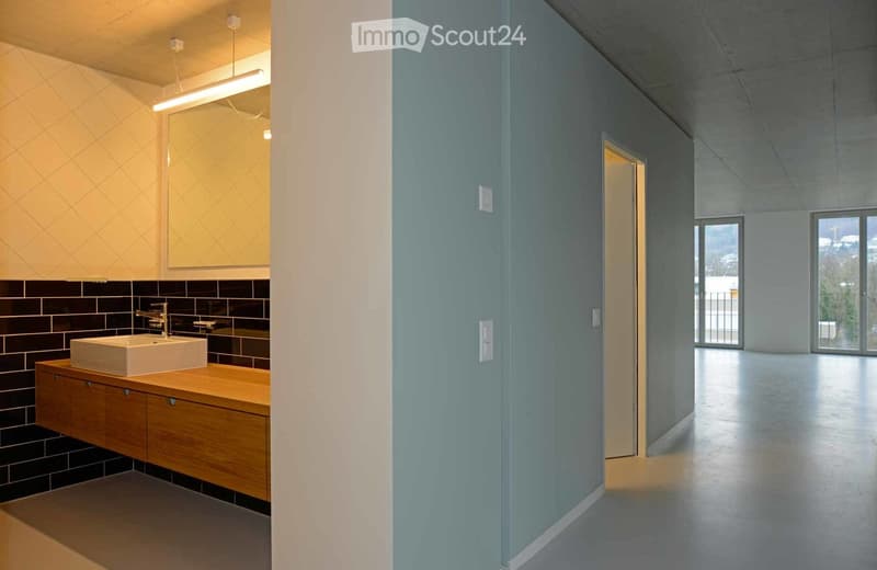 Corridor / Hallway. Modern, minimalist hallway with smooth concrete floors and light blue walls, leading to a bathroom area with a wooden vanity, sink, and dark tiled backsplash.