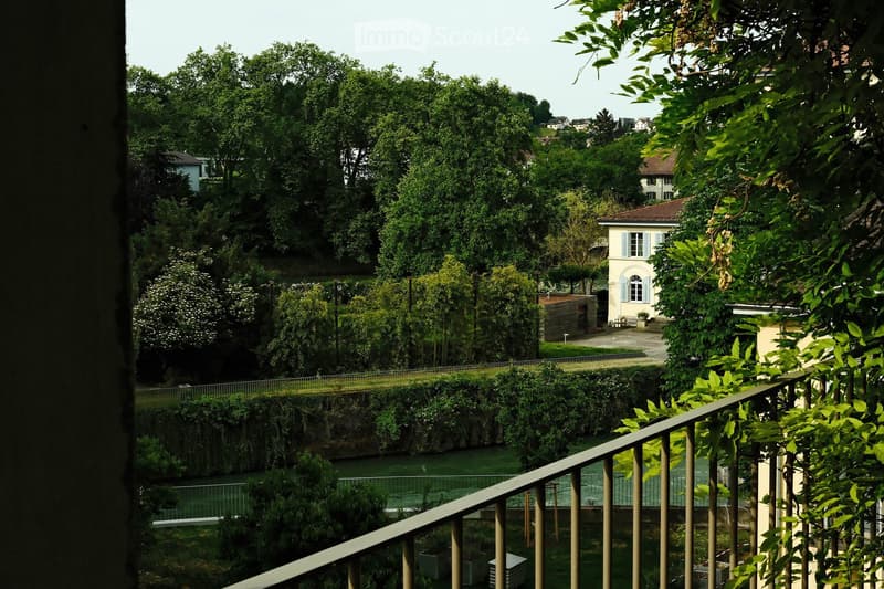 Balcony overlooking a river with lush greenery, trees, and a small building in the background.