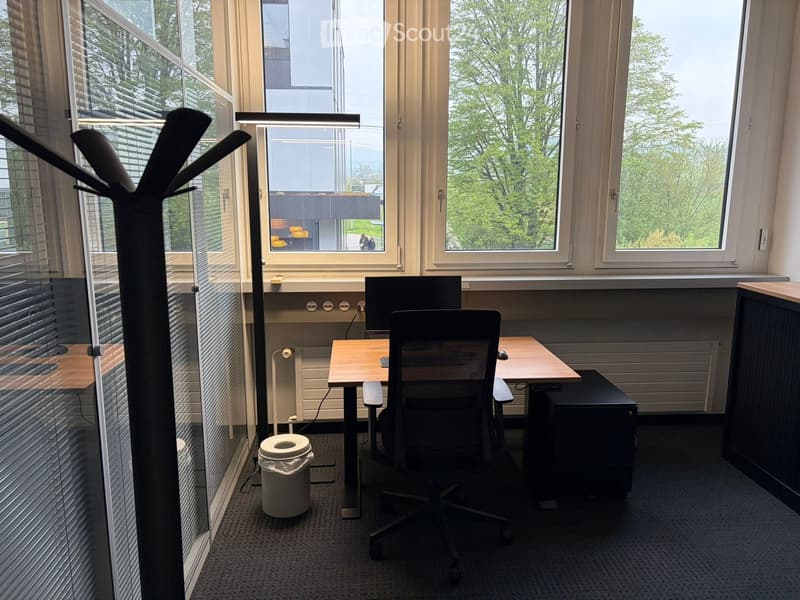 Office room with desk, office chair, computer, trash bin, lamp, and large windows