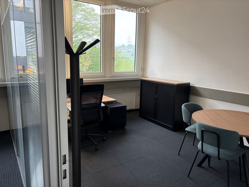 Office room with desk, chair, cabinet, round table, chairs, windows, blinds