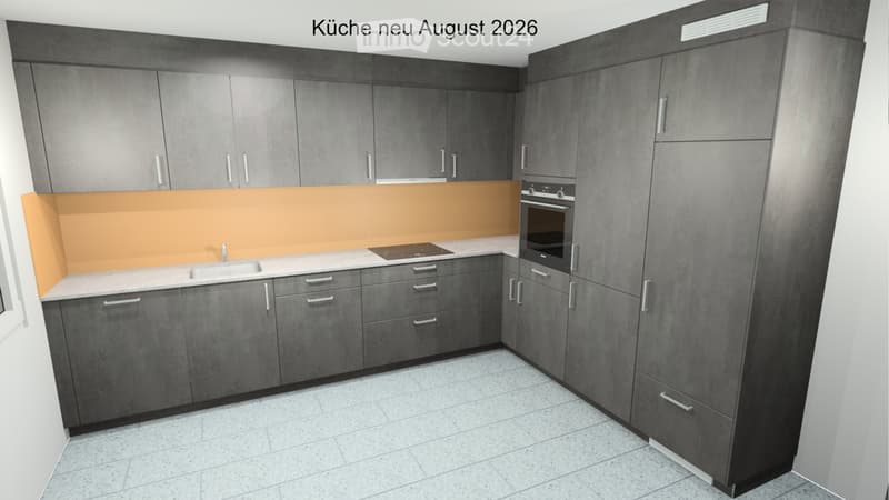 Kitchen. Modern kitchen with grey cabinets, a built-in oven, a sink, and a stove, featuring a light orange backsplash and white countertops.