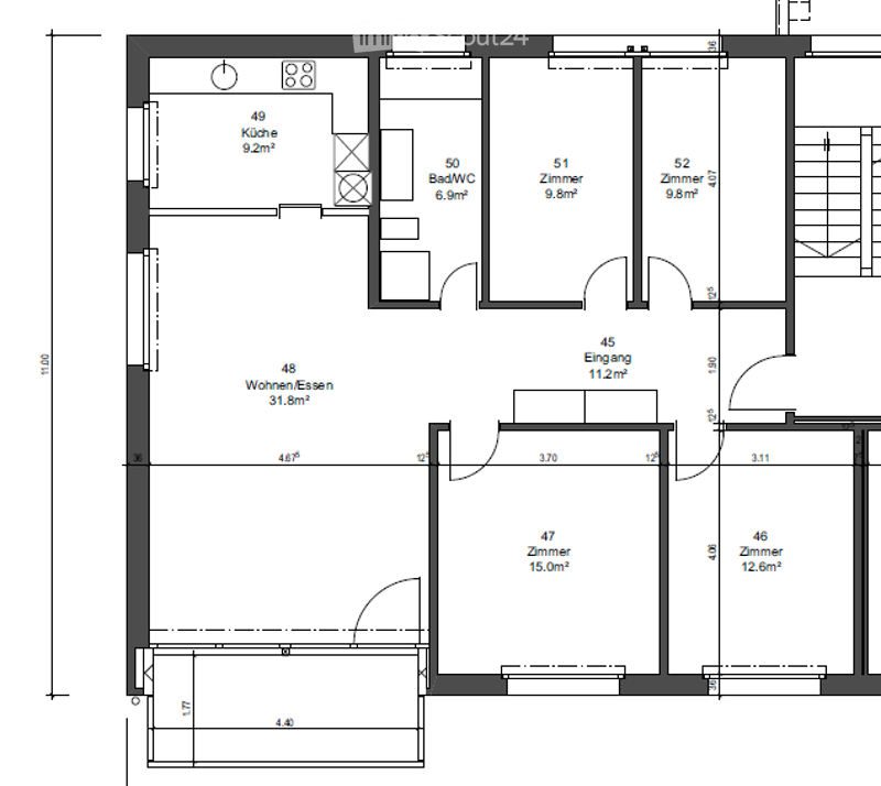 Floor Plan. Floor plan of a 5-room apartment including a kitchen, living/dining area, three bedrooms, and a bathroom.