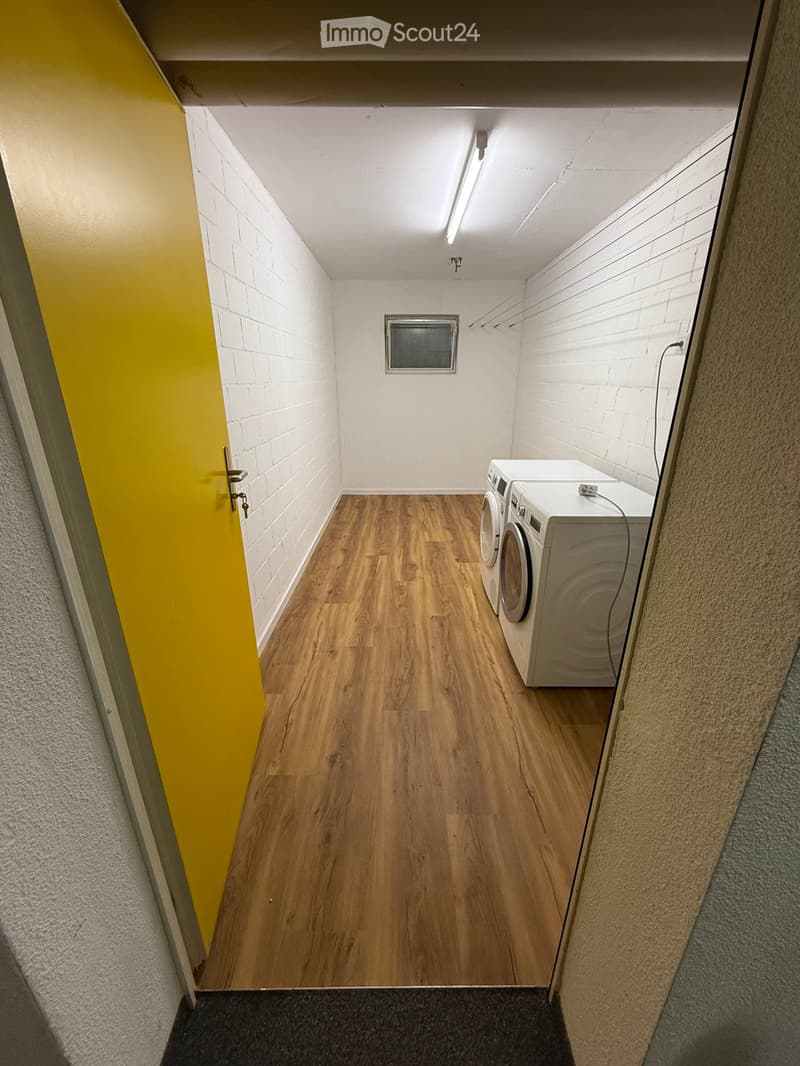 Bathroom. Small bathroom with wooden flooring, white brick walls, and a washing machine and dryer unit against the wall.