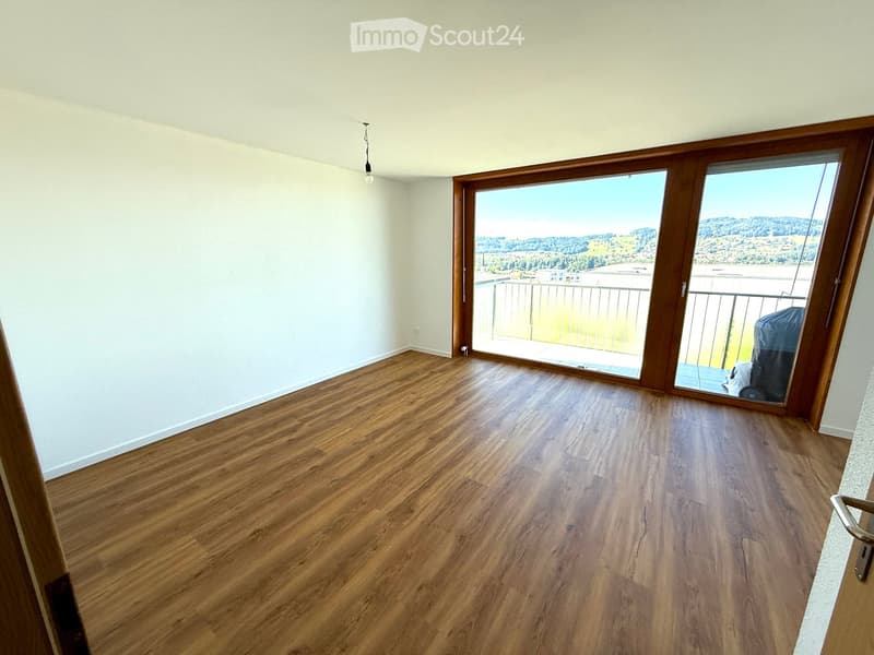 large sliding doors, balcony, hardwood floors, bright and open space, mountain view