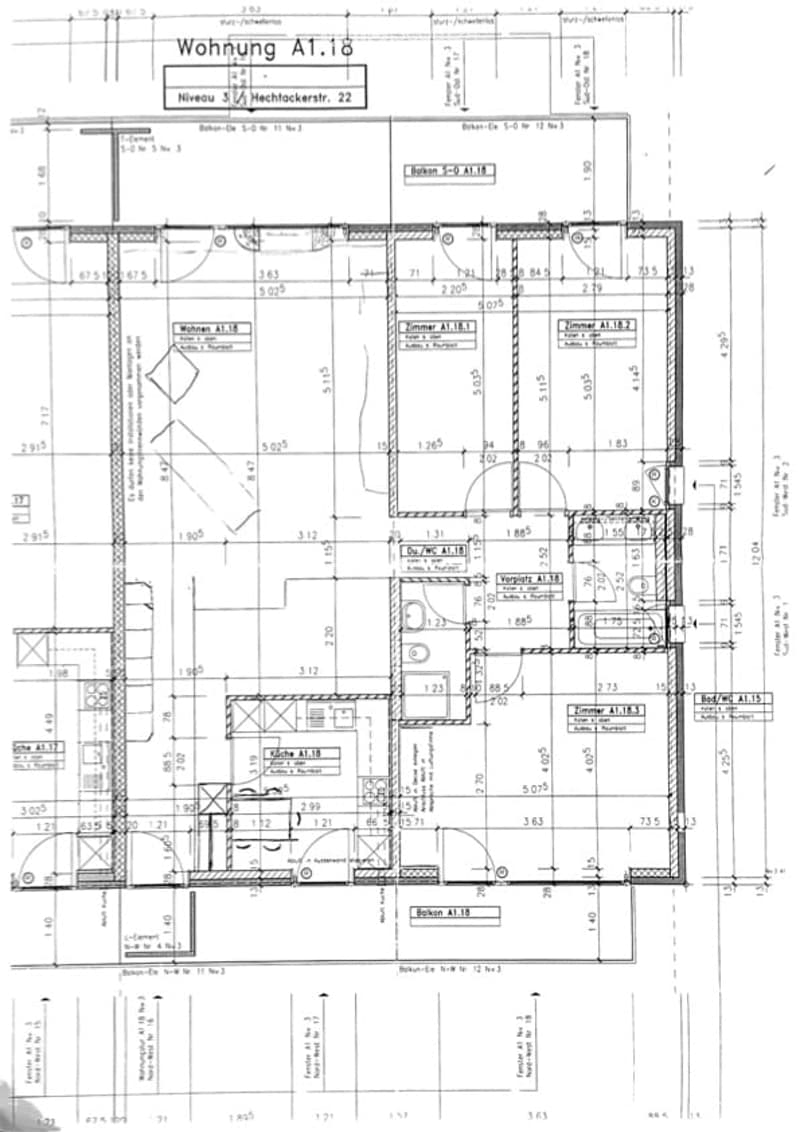 Floor plan with three bedrooms, kitchen, bathroom, living room, balcony