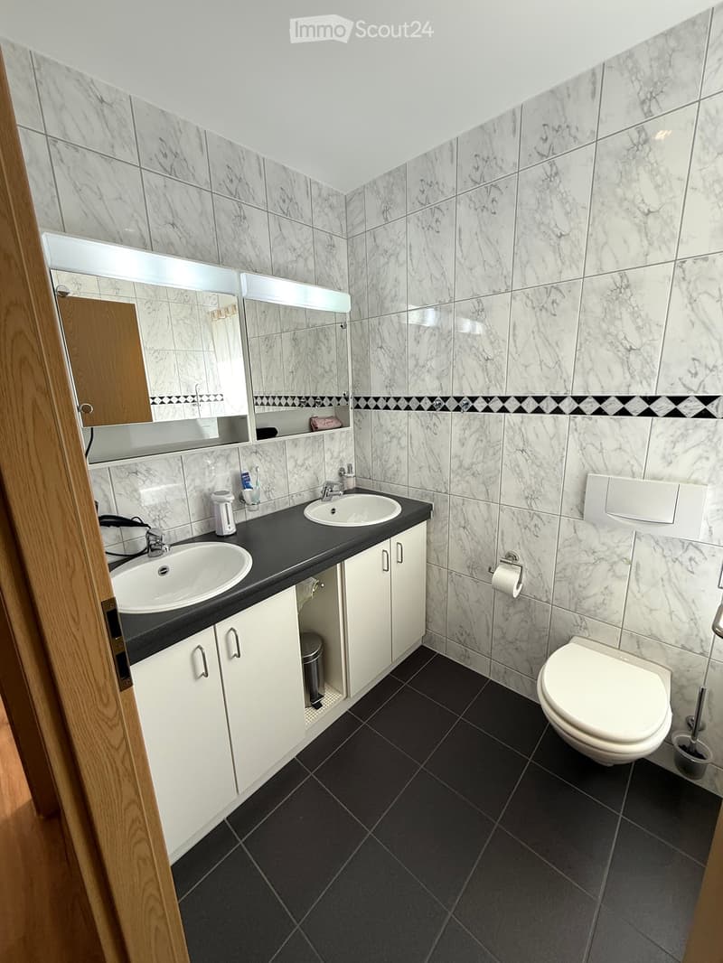 Bathroom with two sinks, mirror, toilet, toilet paper holder, white and black tiled walls, wooden cabinetry, trash bin under the sink, hair dryer, toiletries
