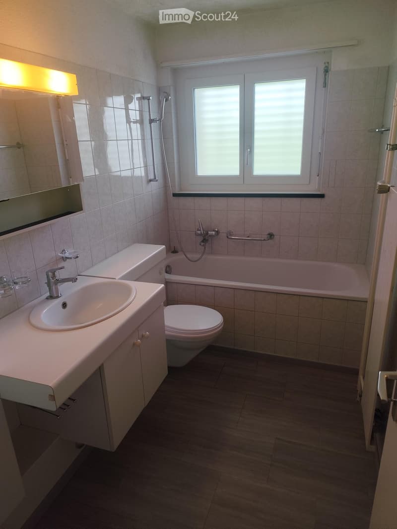 Modern bathroom with a sink, toilet, bathtub, and shower. Features a large mirror, tiled walls, and a window with blinds.