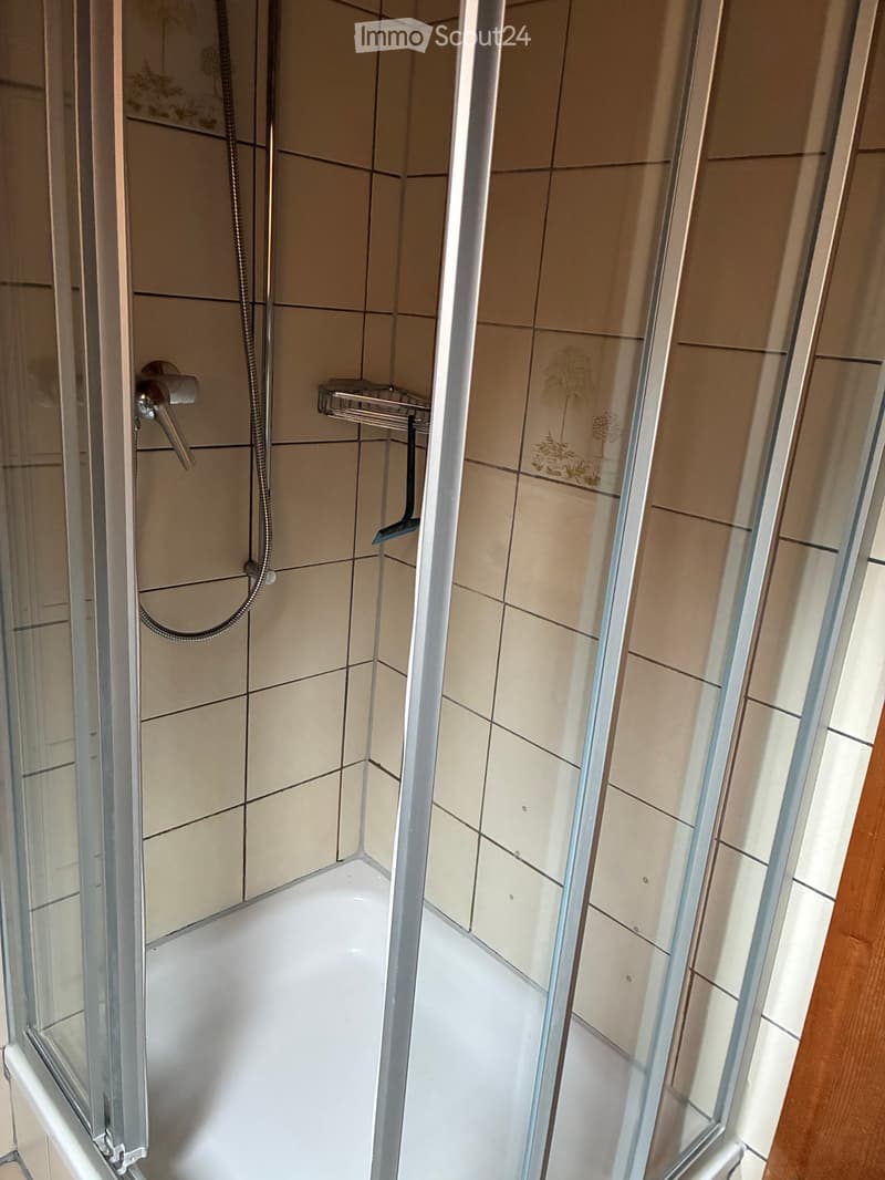 Bathroom. Shower area with beige tiles, glass enclosure, and a handheld showerhead with a rack for accessories.