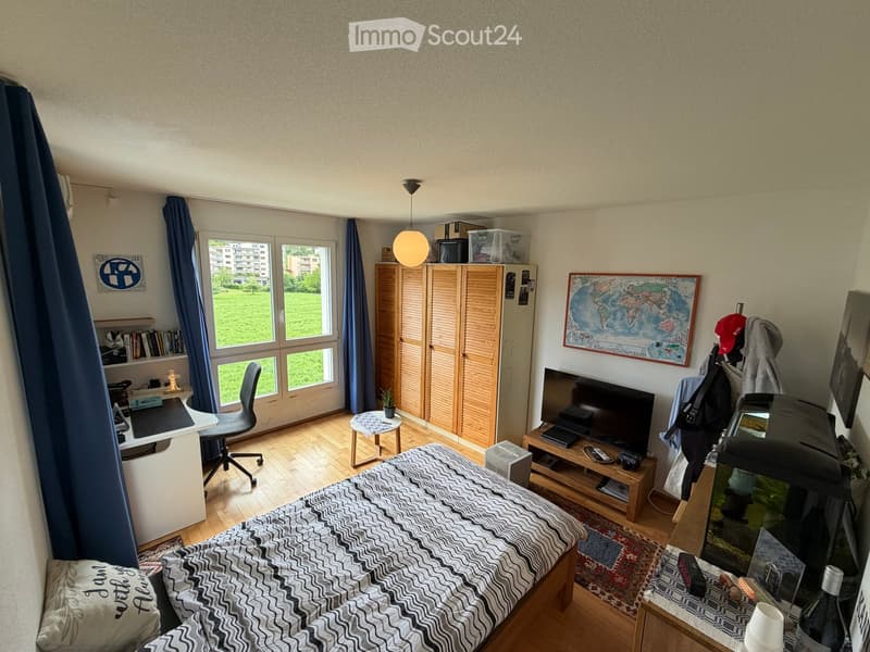 A furnished bedroom with a bed, chair, table, cabinet, screen, stool, potted plant, bookshelf, curtain, map, and a small table with a bottle and cups.
