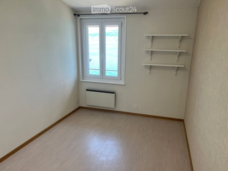 Empty room with light-colored walls, wooden flooring, a window with white frame, a radiator, and built-in shelves.