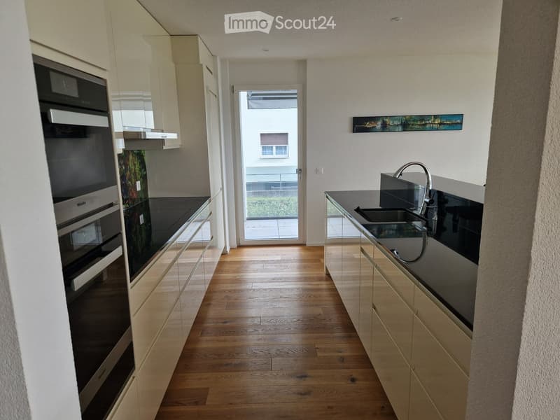 Modern kitchen with oak floors, white cabinets, black countertops, stainless steel appliances, sliding glass door to terrace.
