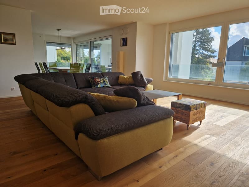 large sectional sofa, pillows, footstool, coffee table, dining table and chairs, windows, outside view