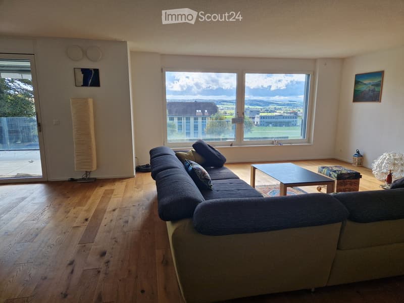 Wooden floor, large windows, view, sofa, coffee table, lamps, paintings