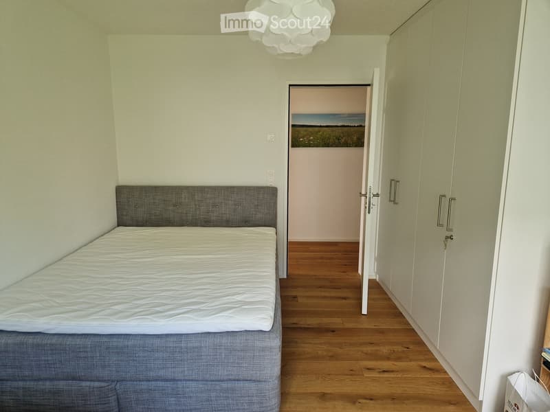 single bed, wooden floor, white walls, ceiling lamp, closet, open door