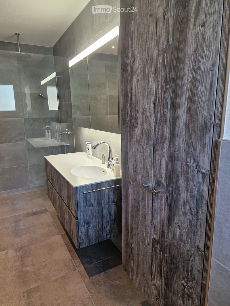 bathroom with shower, wooden vanity with sink, mirror, wooden floor, ceramic tiles, glass door